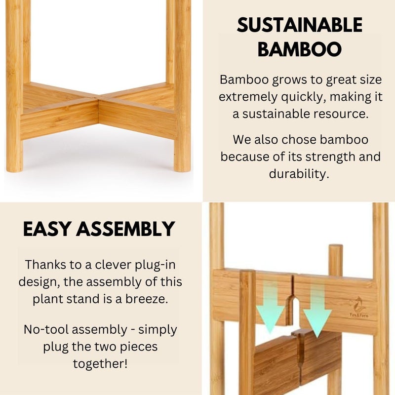 Fox & Fern Bamboo Plant Stand â€” 14.9 Inch Fixed Size Wooden Mid Century Planter Stand for Indoor Plants (Not Included) - Extra Large Flower Pot Holder for Indoor Big Pots - Plug In Design - Bamboo - Image 3